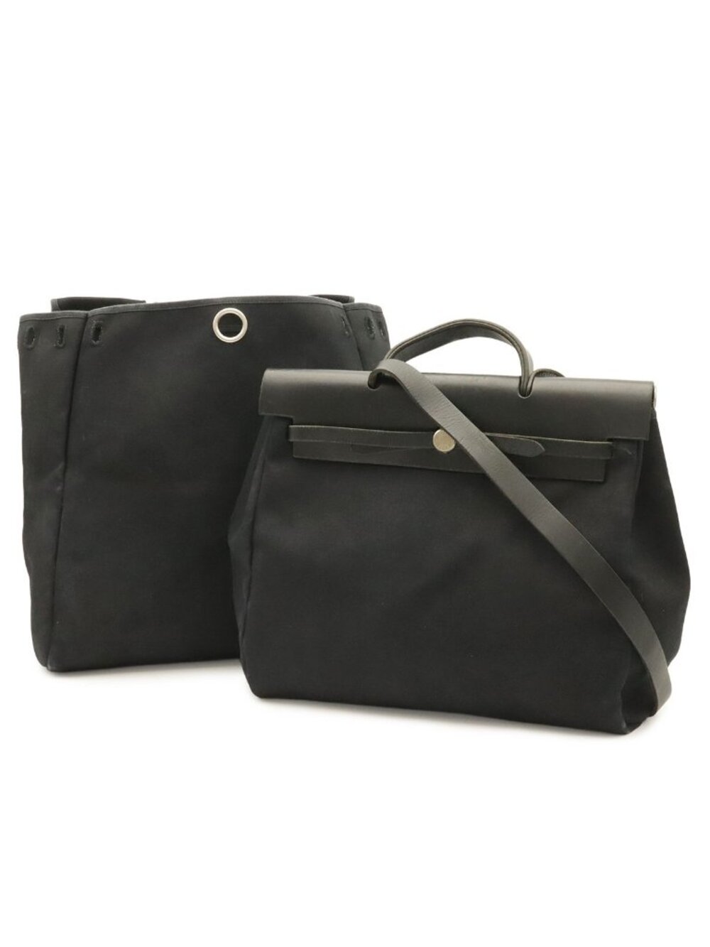 Hermes Herbag MM 2-Way Shoulder Bag Toile Officier Leather Black Silver